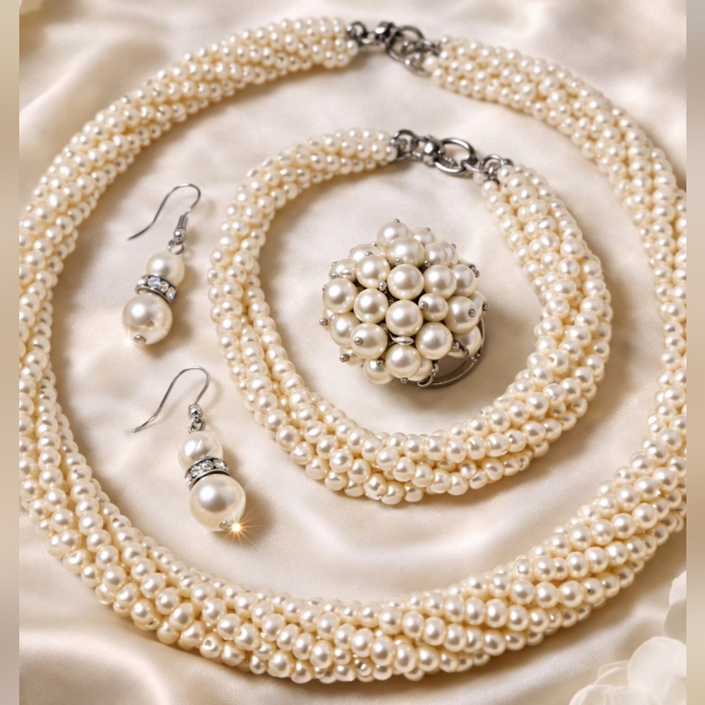 Wedding Season! NIB Old Stock Multi Strand Pearl Set Adjustable Ring